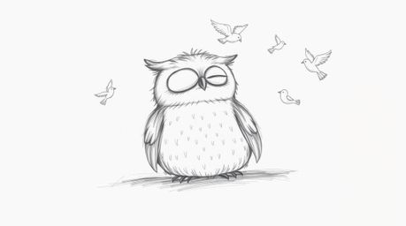 A heartwarming hand-drawn sketch in the style of Pixar depicts a blind owl with soft, feathery textures, resting peacefully a