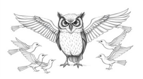 A textured pencil sketch depicts a blind owl in a Pixar-esque style, guiding birds on the art of flight. Surrounded by the wi
