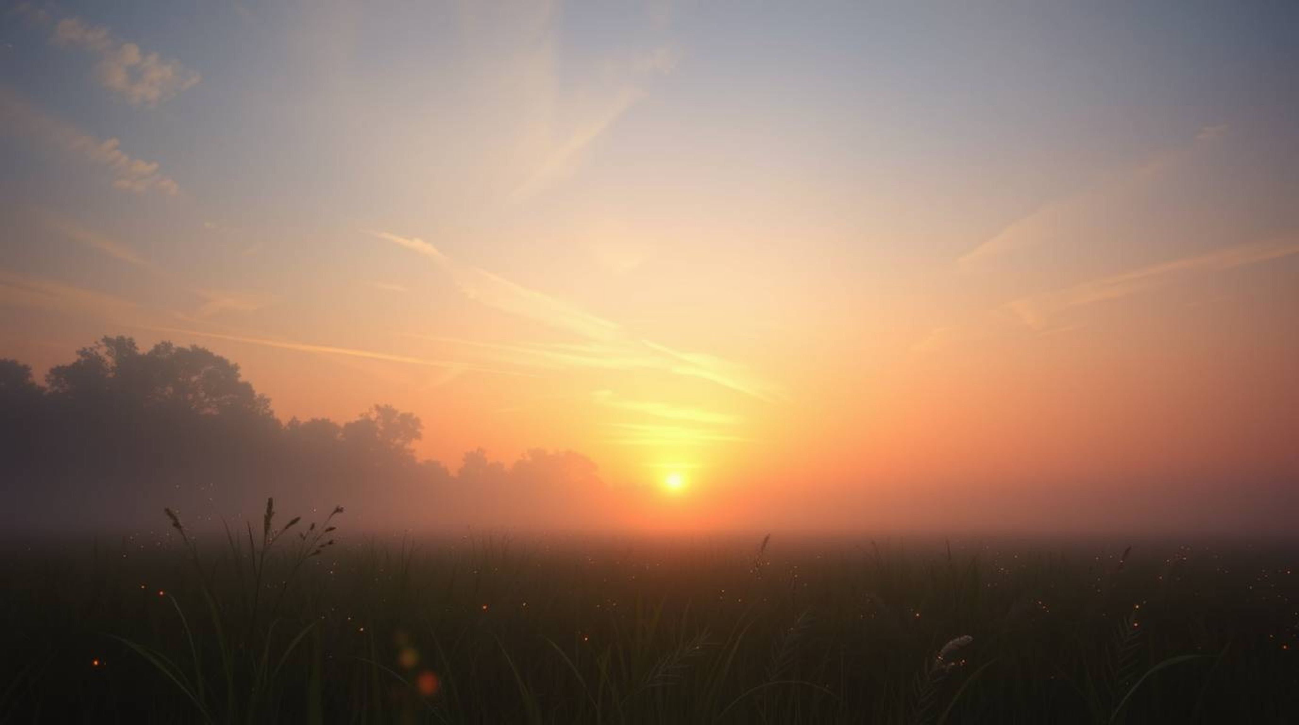 Experience a dreamlike, ethereal atmosphere with gentle color contrasts.  Witness a breathtaking sunset over a quiet meadow a