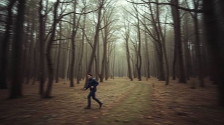A fine art photograph depicting a chase through a looping forest background.  The image is captured with warm, slightly dark,