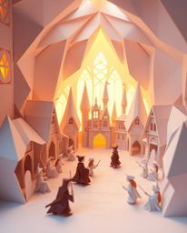 Experience a magical school brimming with young wizards, rendered in an intricate origami style. The atmosphere is soft and d