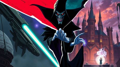 This captivating artwork features a distinct split composition blending futuristic sci-fi elements with a classic Disney vill