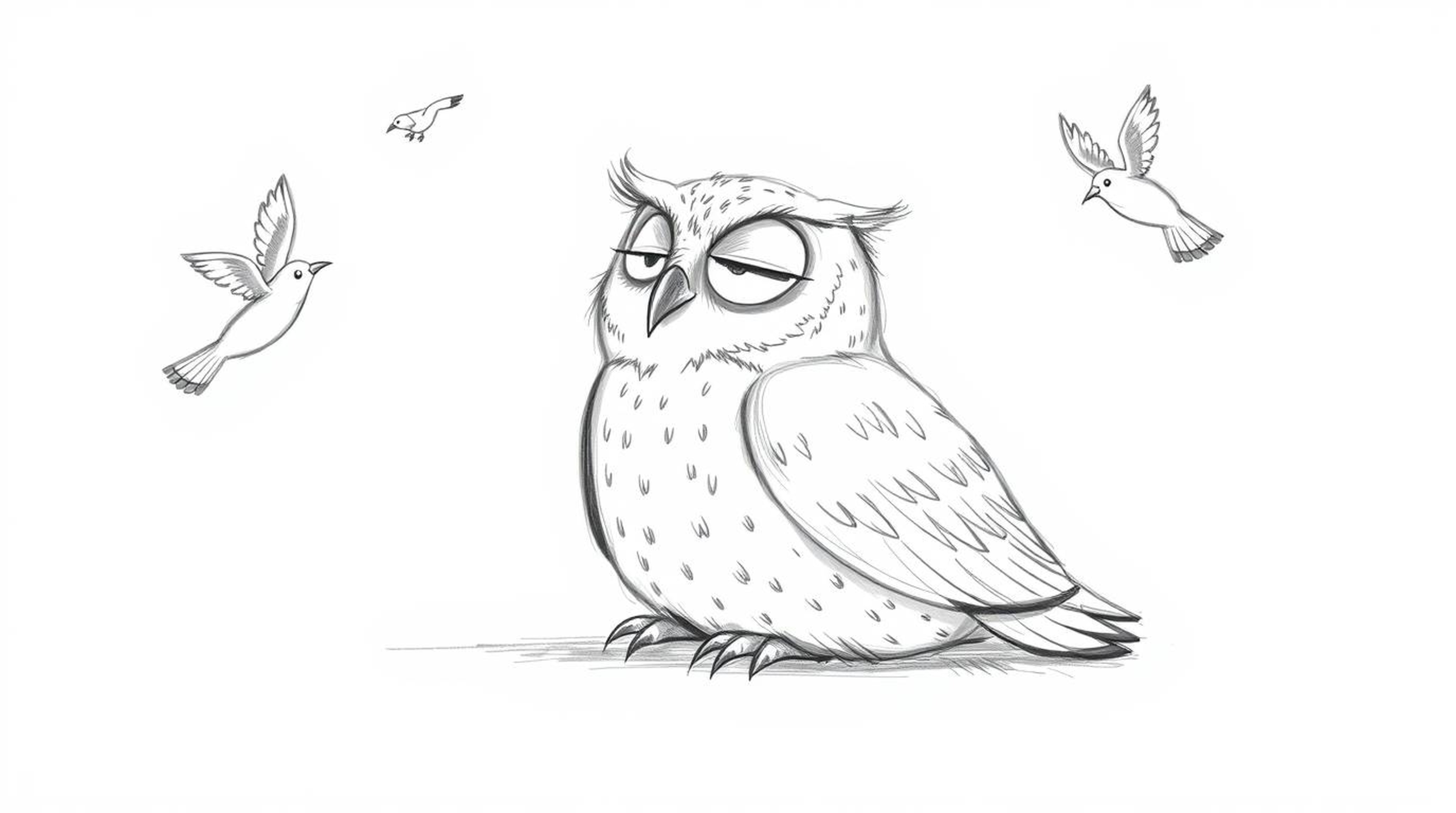 A heartwarming hand-drawn sketch in the style of Pixar showcases a blind owl with soft feathers and a serene expression, lovi