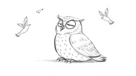 A heartwarming hand-drawn sketch in the style of Pixar showcases a blind owl with soft feathers and a serene expression, lovi