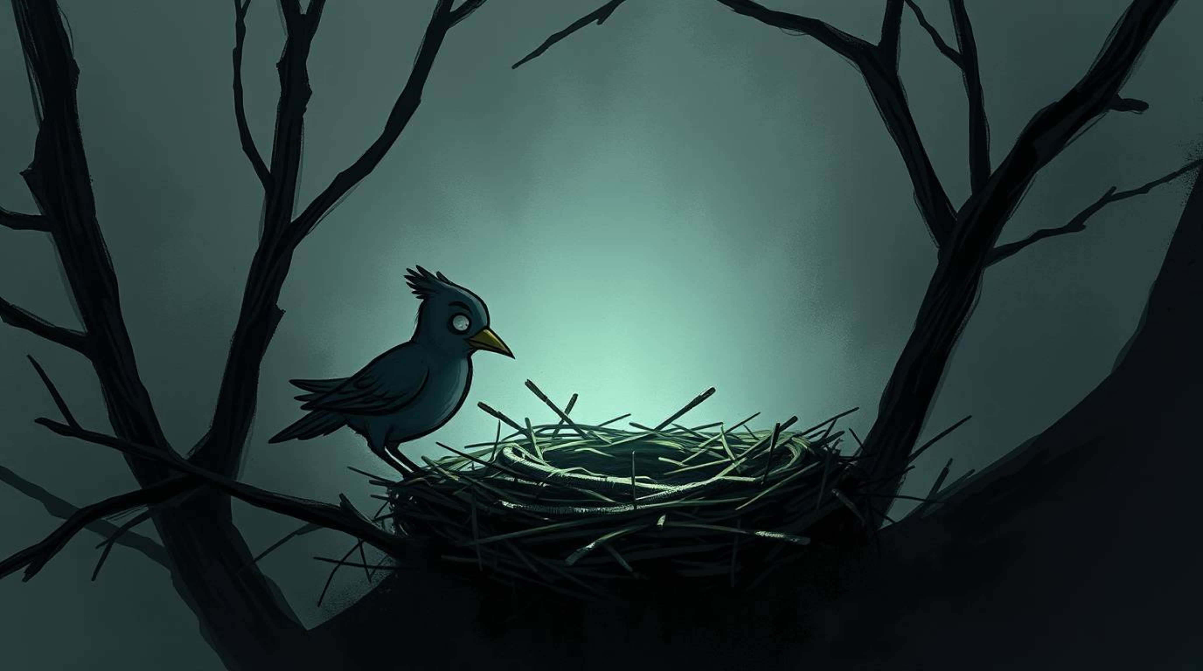 A digital sketch depicting two cartoon birds building a nest in a classic animation style. The image features rough painterly