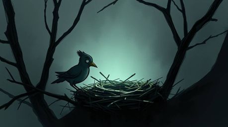 A digital sketch depicting two cartoon birds building a nest in a classic animation style. The image features rough painterly