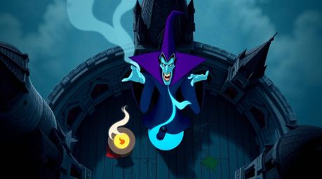 An overhead, bird's-eye view captures a classic Disney villain casting a spell within the ancient walls of a castle. Presente