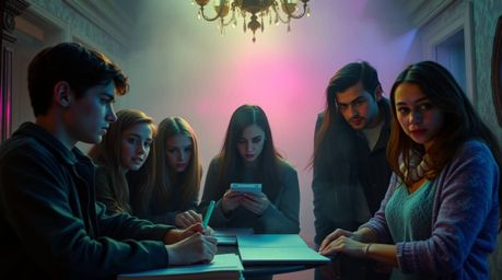 Immerse yourself in a cinematic scene where a group of teens delves into the mysteries of a haunted mansion. Bathed in irides