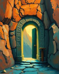 A captivating image of an ancient doorway, adorned with glowing runes carved into a majestic mountainside, rendered in the ti