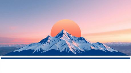 A visually striking logo design showcases snow-capped mountains bathed in the warm glow of a pastel sunset.  Viewed from a hi