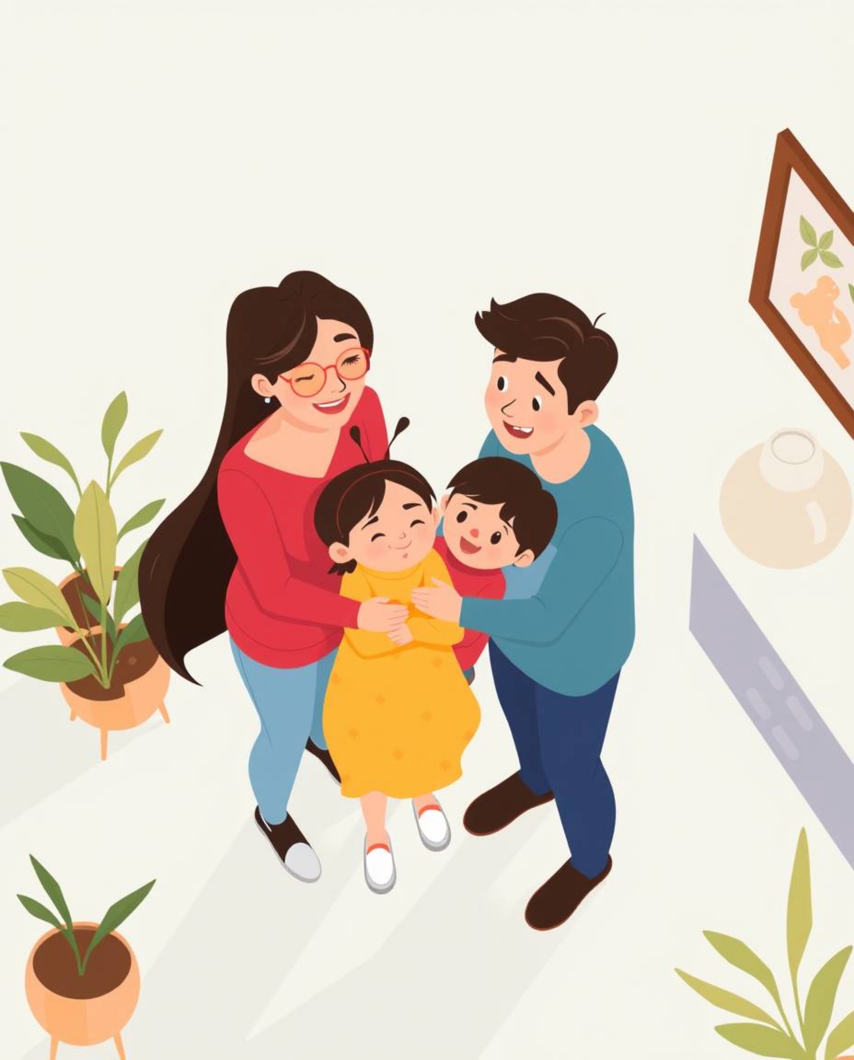 This modern flat design illustration, rendered from a high angle perspective in a vibrant Pixar style, captures the heartwarm