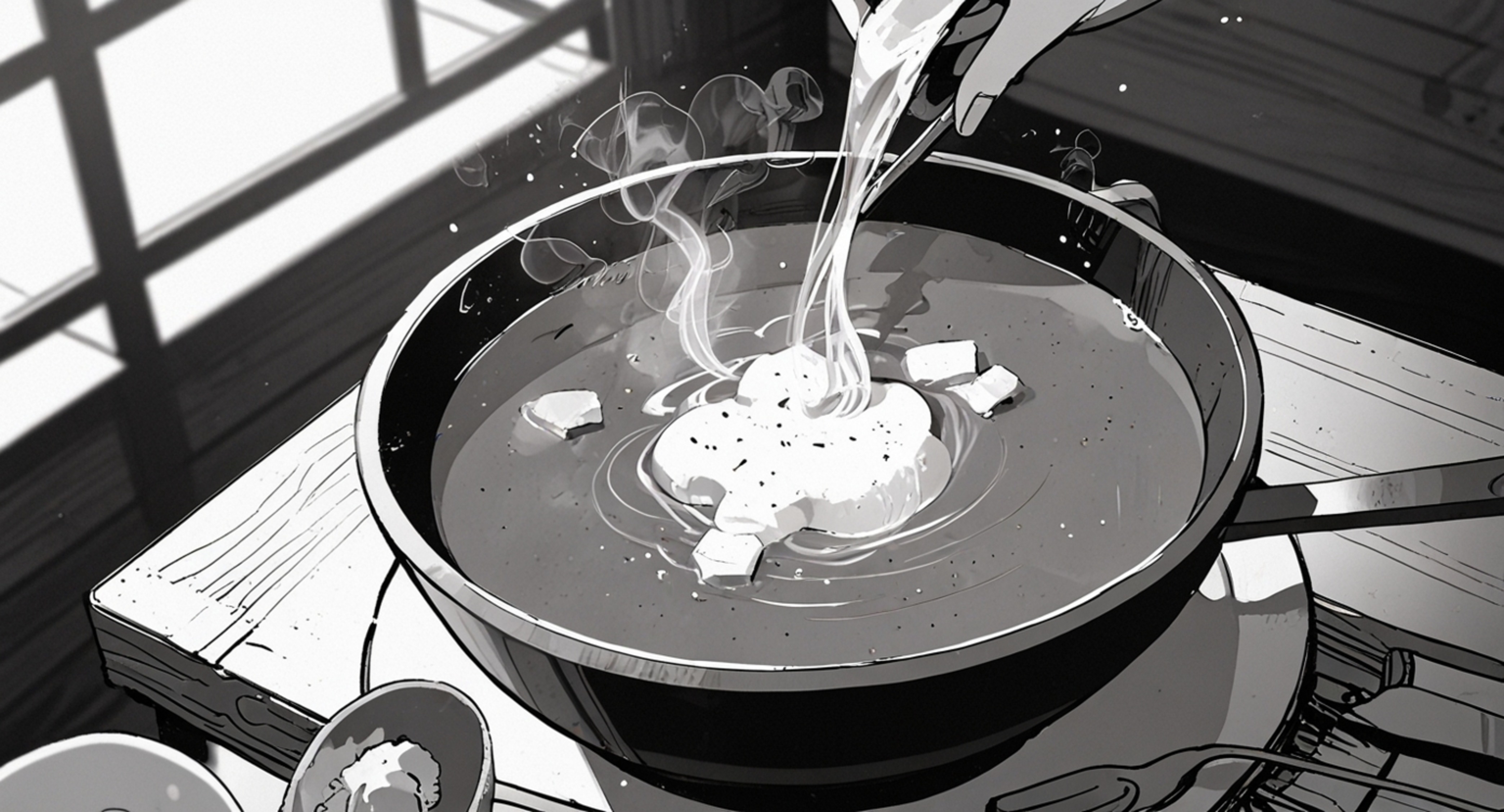A comforting image of a warm bowl of soup, steam gently swirling upwards, resting on a rustic wooden table. A spoon sits besi