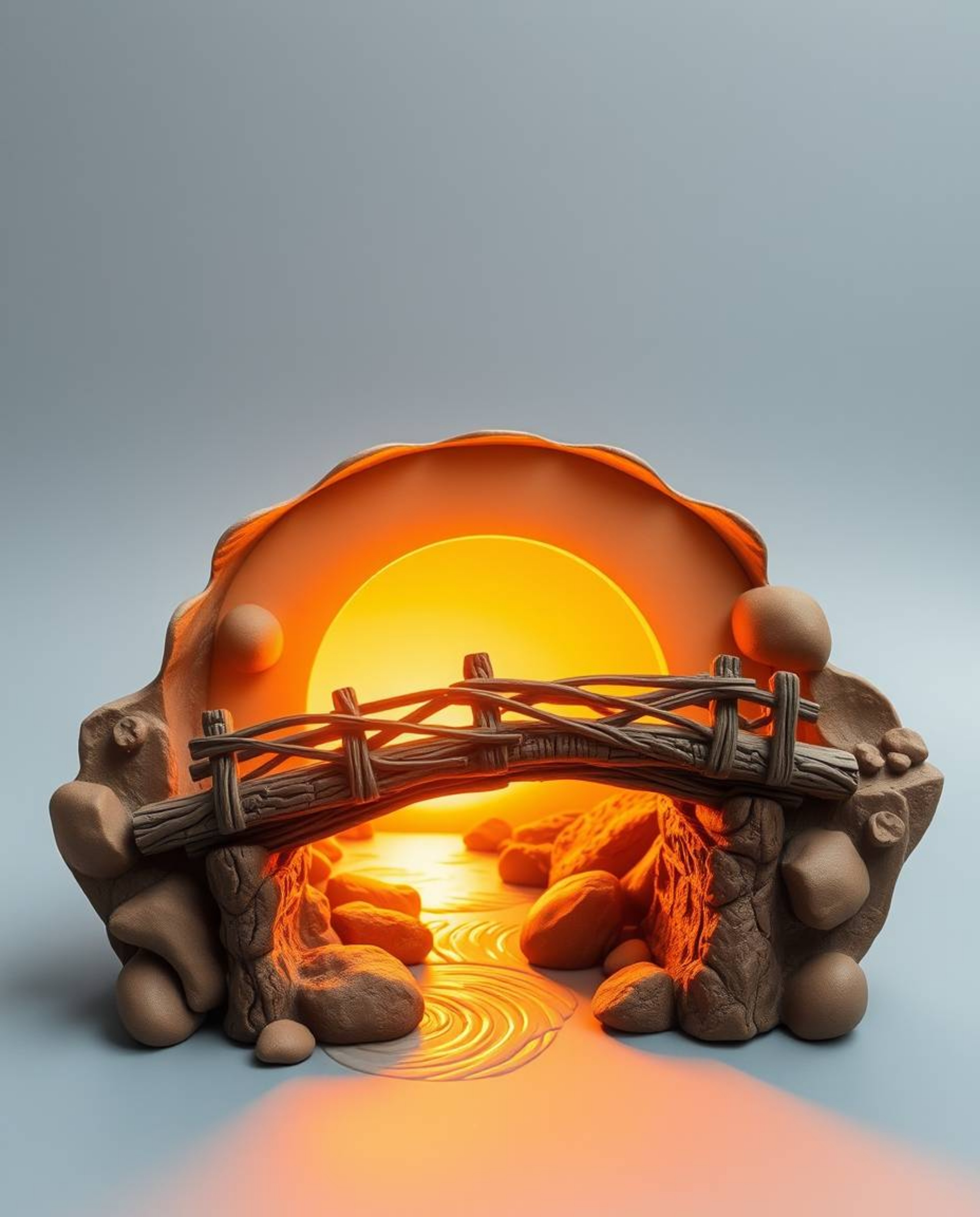 A radiant and luxurious sculptural clay art piece depicts an old wooden bridge over a river at sunset. The artwork features b