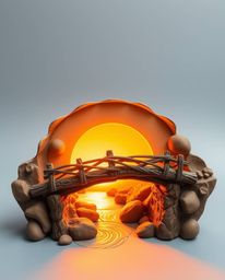A radiant and luxurious sculptural clay art piece depicts an old wooden bridge over a river at sunset. The artwork features b