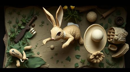 An overhead bird's eye view of a layered papier-mâché sculpture depicts a wacky rabbit outrunning a hunter, showcasing textur
