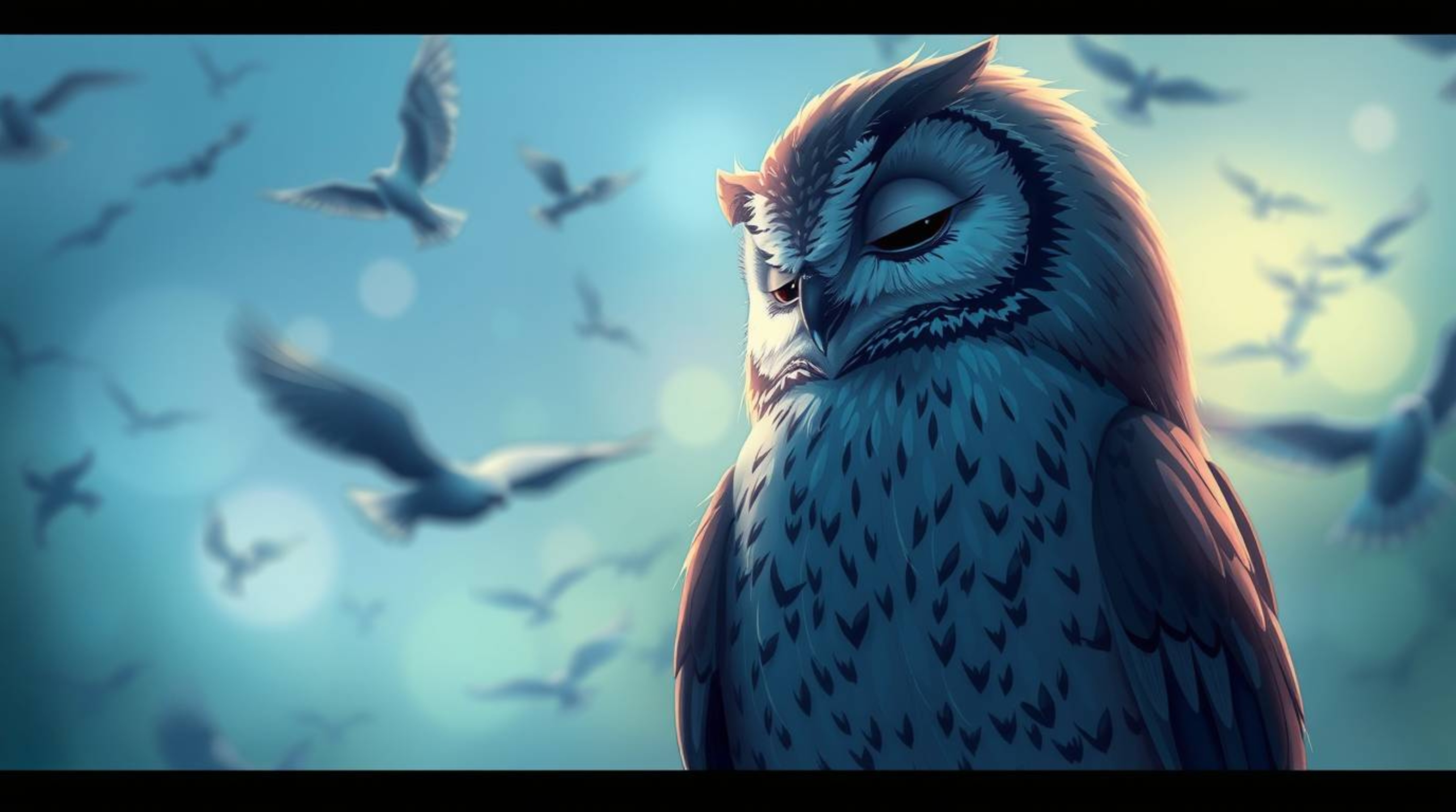 This Pixar-style illustration captures a blind owl with a serene expression, created with a long exposure effect as it overlo