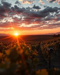 This is a futuristic, sci-fi close-up rendering of a sunset over a vineyard, where nature meets advanced technology. The comp