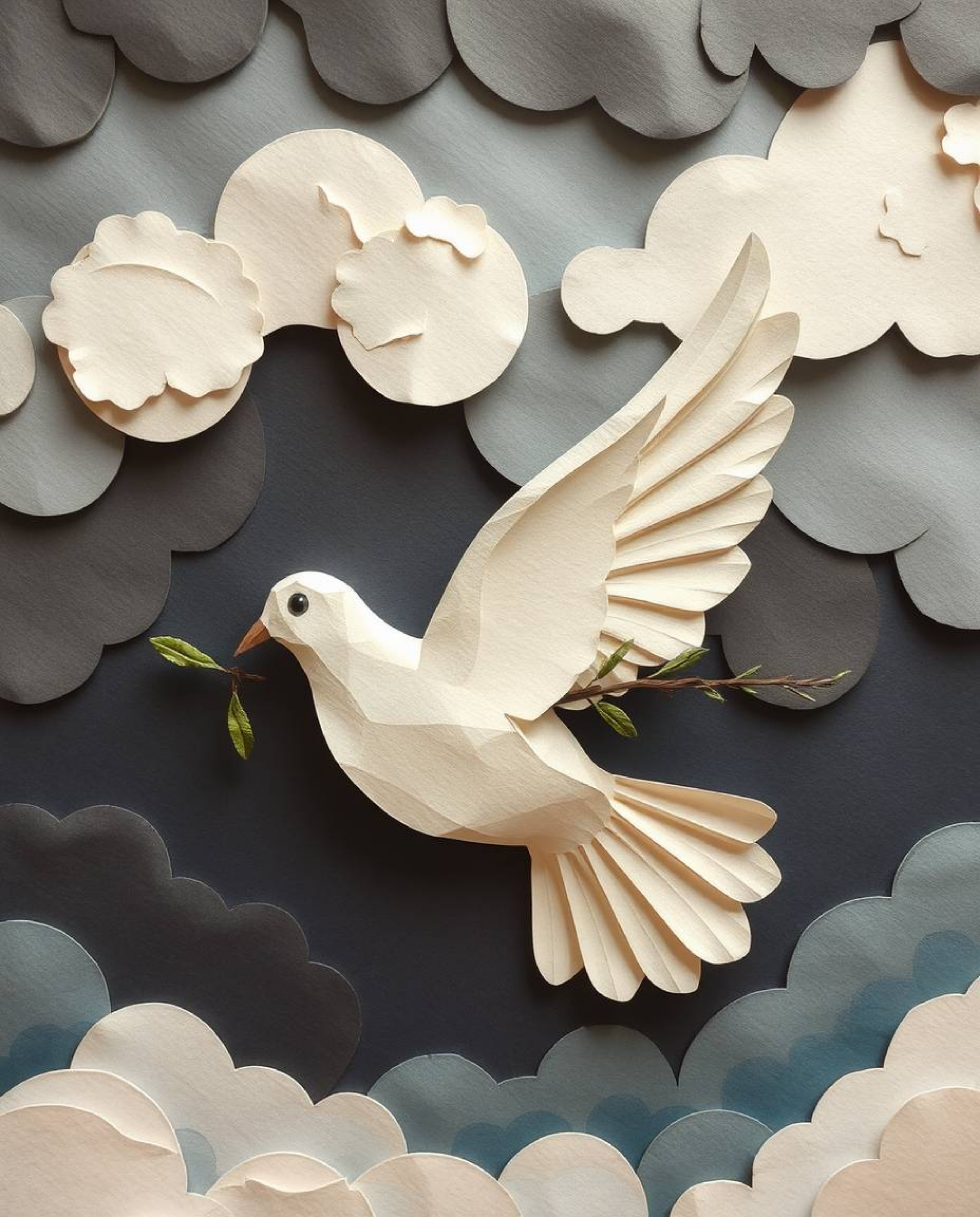 A dove carrying an olive branch through stormy skies, rendered in layered papier-mâché, evokes an ethereal spiritual vibe enh