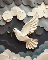 A dove carrying an olive branch through stormy skies, rendered in layered papier-mâché, evokes an ethereal spiritual vibe enh