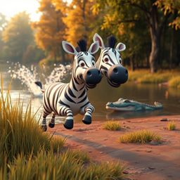 A vibrant scene unfolds as a 3D cartoon zebra with expressive eyes and a friendly smile finds itself in a precarious situatio