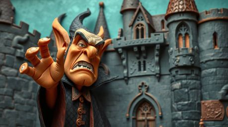 A captivating layered papier-mâché artwork depicts a classic Disney villain with exaggerated features and tan skin, casting a