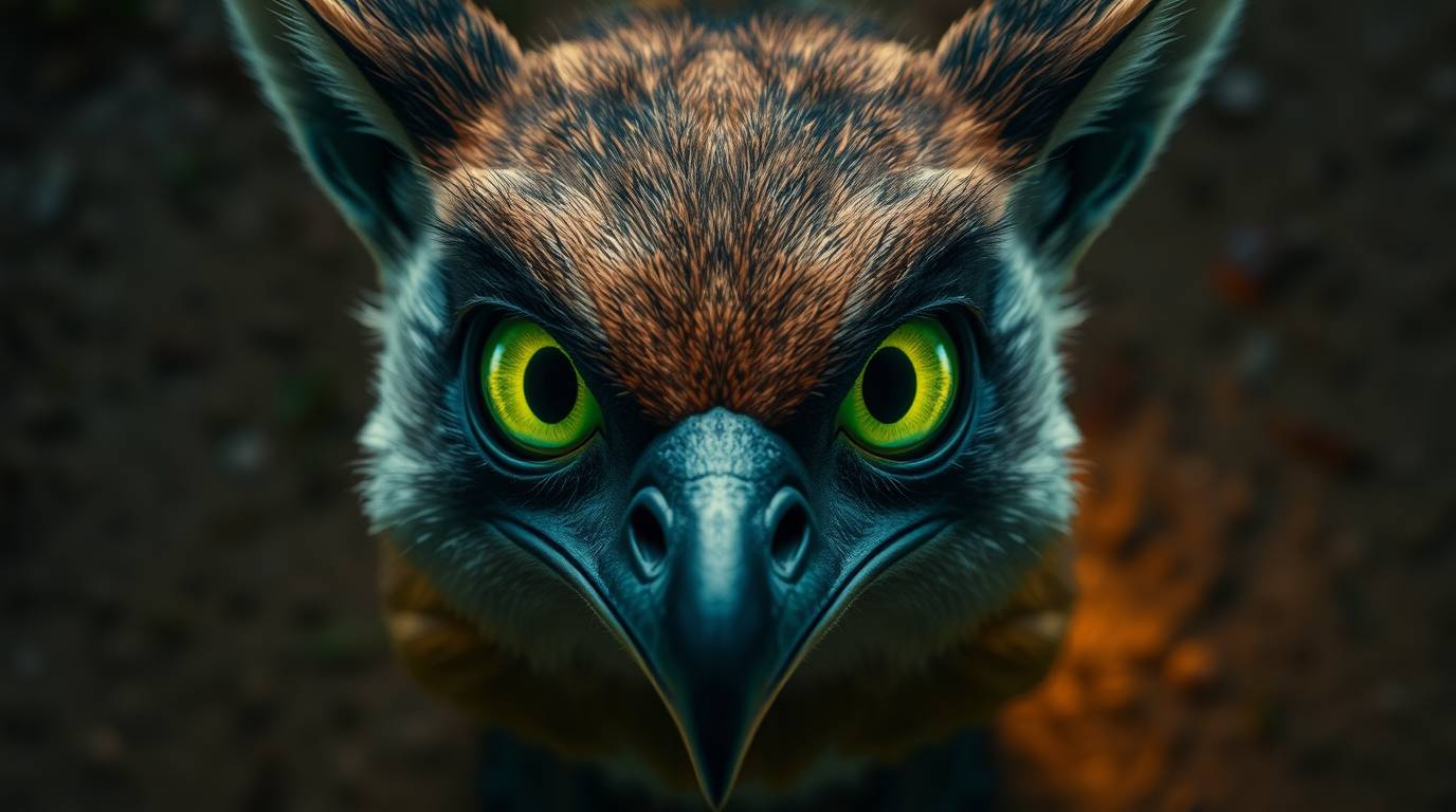 Discover a captivating overhead view of a sarcastic animal sidekick, its expressive eyes glowing with bioluminescent colors.