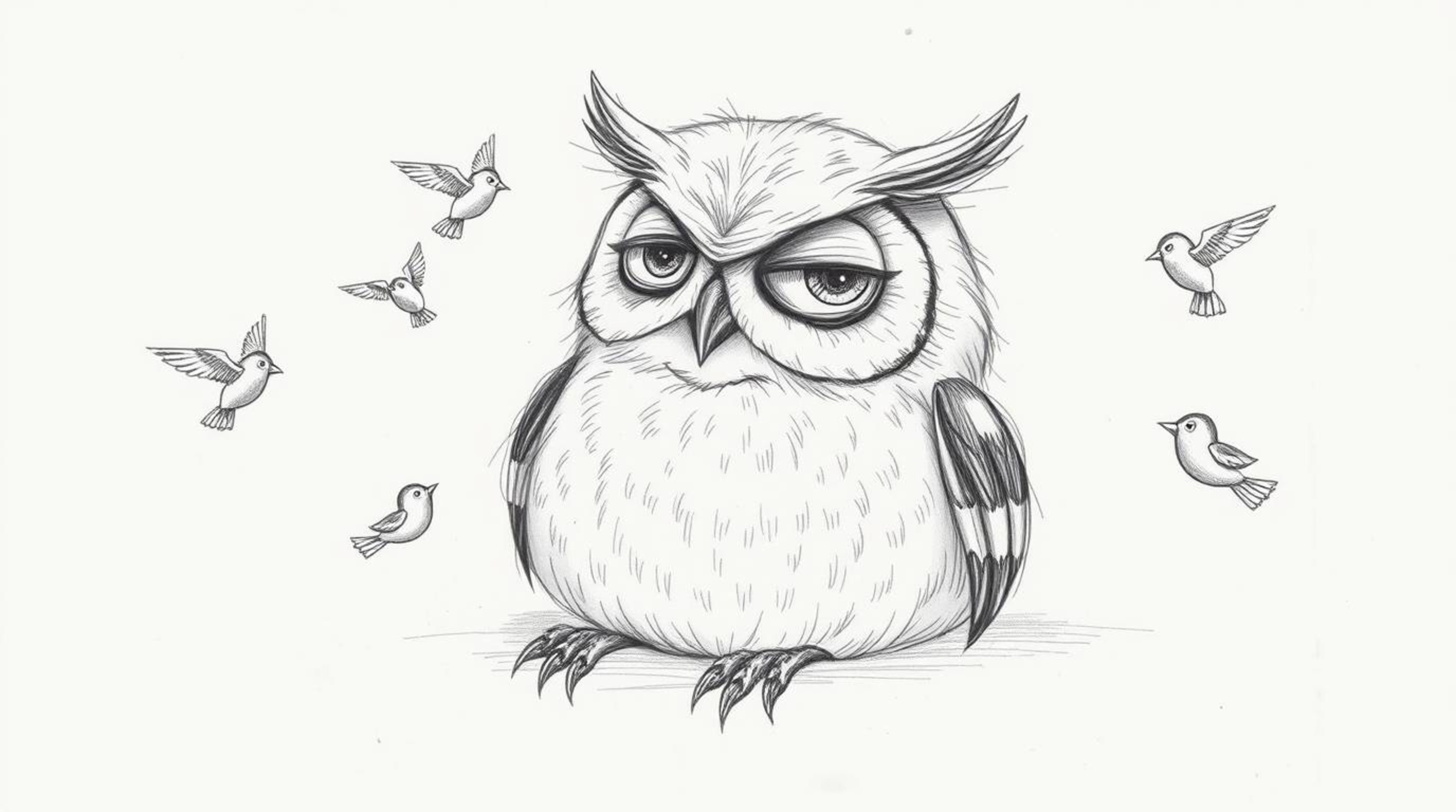 A heartwarming hand-drawn sketch in the style of Pixar depicts a blind owl with soft, feathery textures resting peacefully on