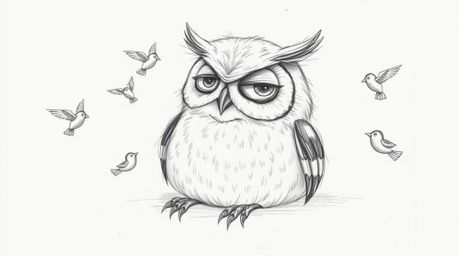 A heartwarming hand-drawn sketch in the style of Pixar depicts a blind owl with soft, feathery textures resting peacefully on