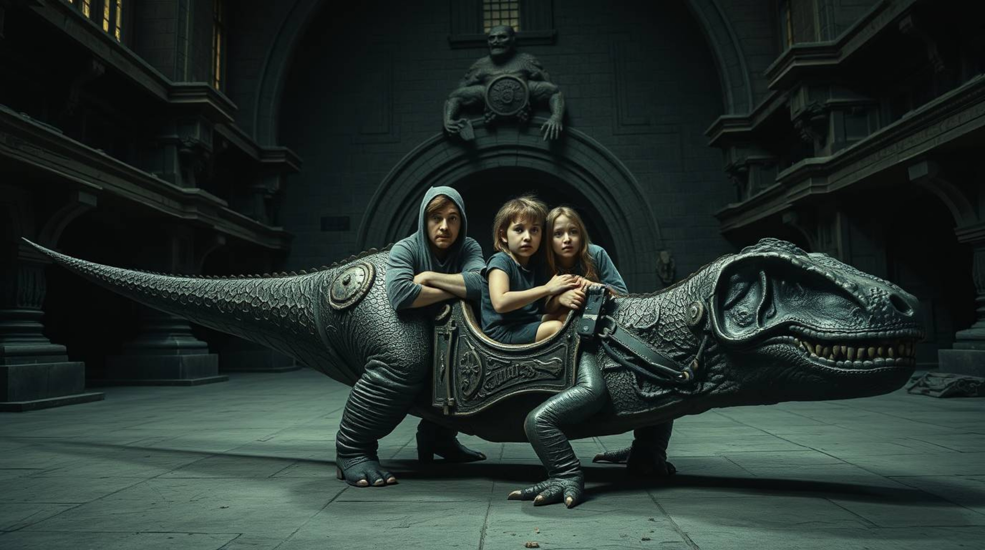 A captivating and unsettling photograph depicts a prehistoric family with worried expressions riding in a dinosaur-shaped car