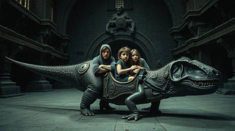 A captivating and unsettling photograph depicts a prehistoric family with worried expressions riding in a dinosaur-shaped car