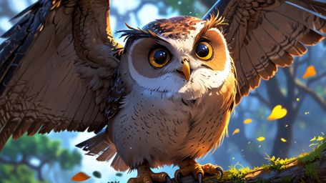 In a beautifully imagined scene, created with the emotional depth of Pixar and the expressive style of anime, a wise blind ow