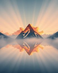 A striking logo design inspired by volumetric lighting, depicting the reflections of fiery clouds in a mountain lake. This co