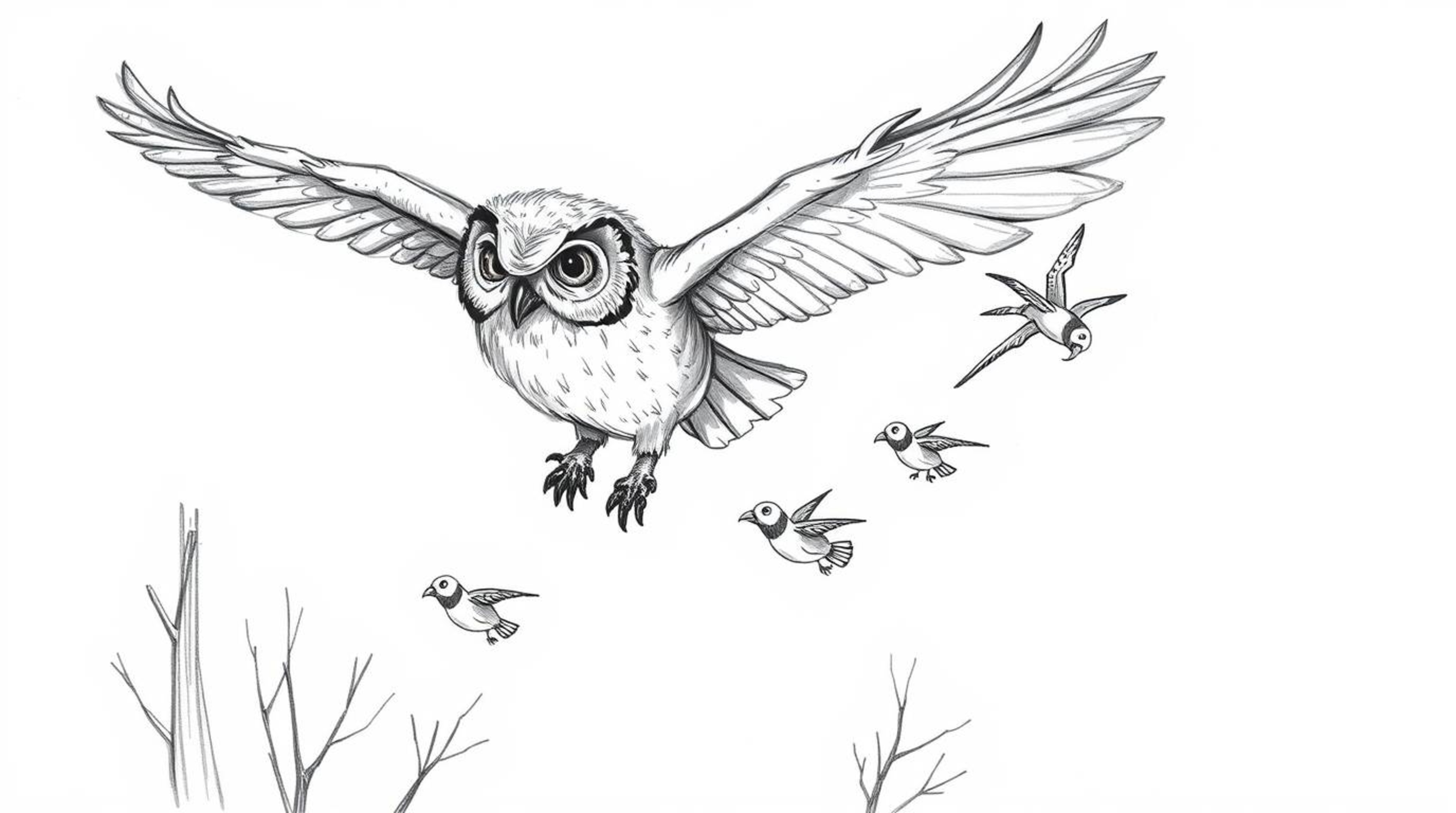 A heartwarming, hand-drawn sketch in a Pixar-esque style depicts a blind owl with subtly textured feathers guiding a flock of