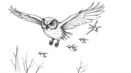 A heartwarming, hand-drawn sketch in a Pixar-esque style depicts a blind owl with subtly textured feathers guiding a flock of