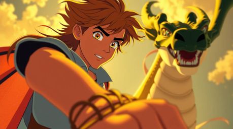 A captivating illustration in the style of 1950s animation depicts a charming prince with windswept hair battling a fierce dr