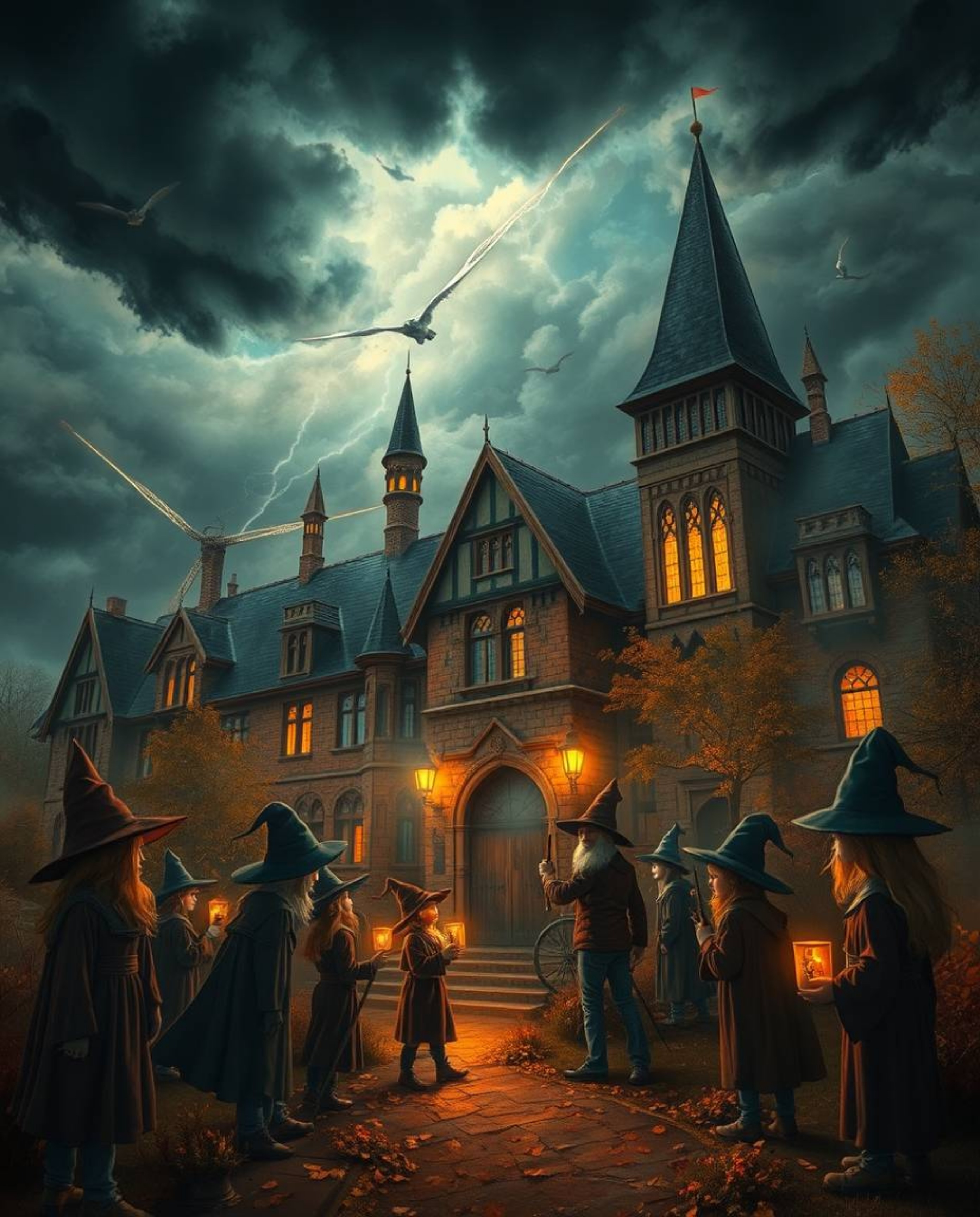 Discover a captivating image of a magical school brimming with young wizards.  Rendered in warm autumnal colors under a drama