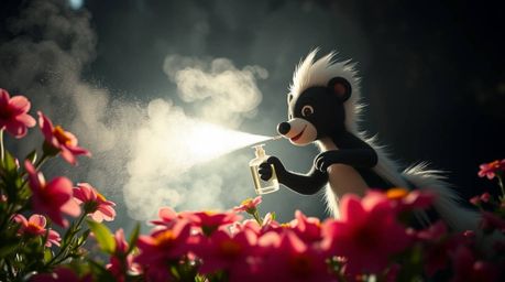 This high-resolution stock photo features a whimsical low-angle perspective of a cartoon skunk spraying perfume onto vibrant 