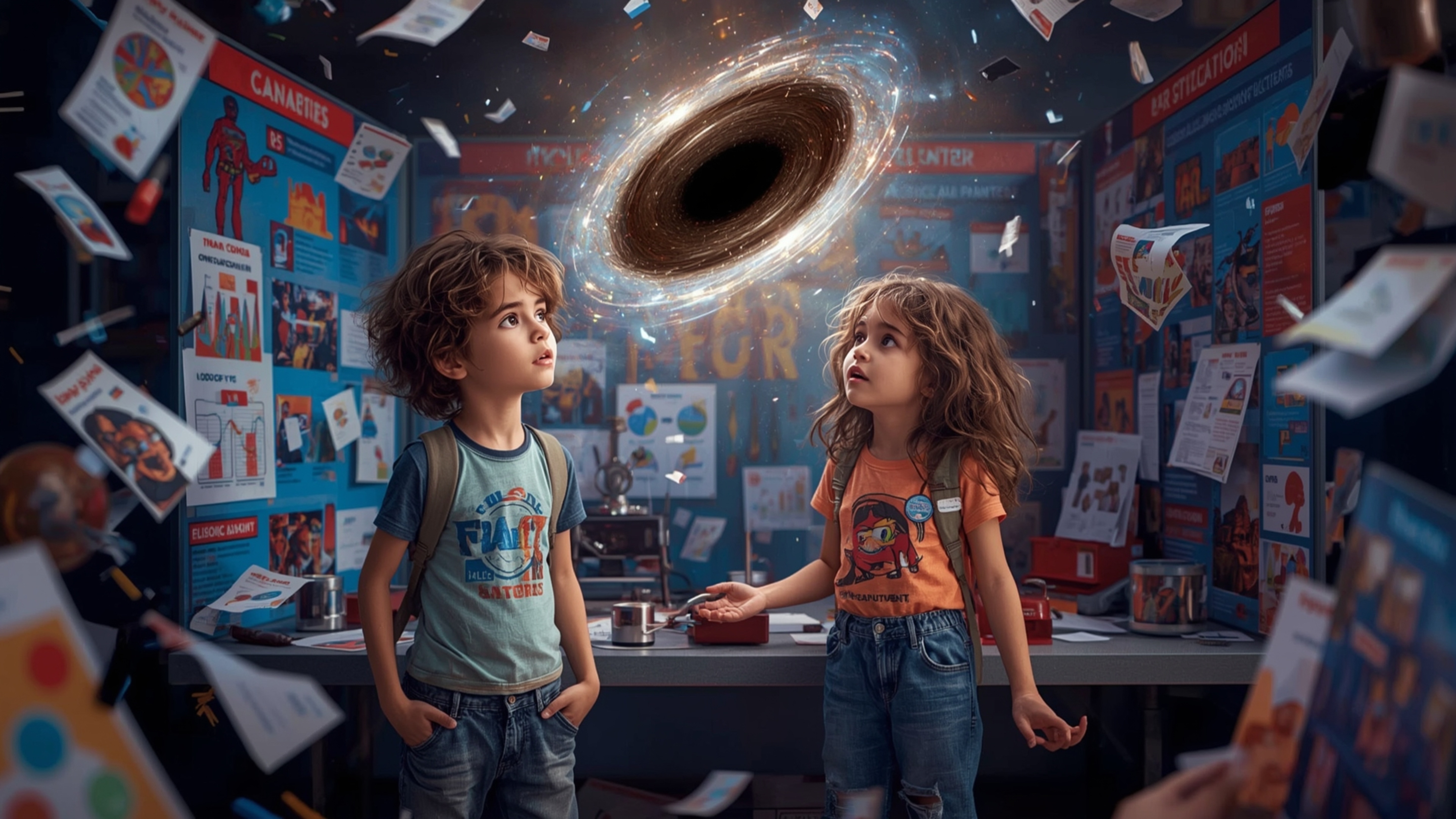 In a vibrant, cinematic photograph rendered in a hyper-realistic, Pixar-inspired style, a dynamic science fair duo unwittingl