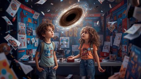 In a vibrant, cinematic photograph rendered in a hyper-realistic, Pixar-inspired style, a dynamic science fair duo unwittingl
