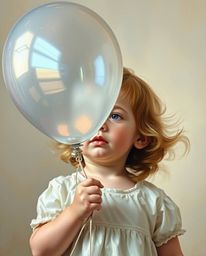 This artwork features a child holding a balloon, rendered in a classic oil painting style with mesmerizing iridescent colors 