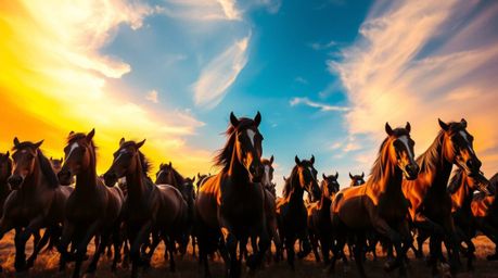 A herd of wild horses runs beneath a vibrant, glowing sky, dynamically lit with high contrast to emphasize their movement and