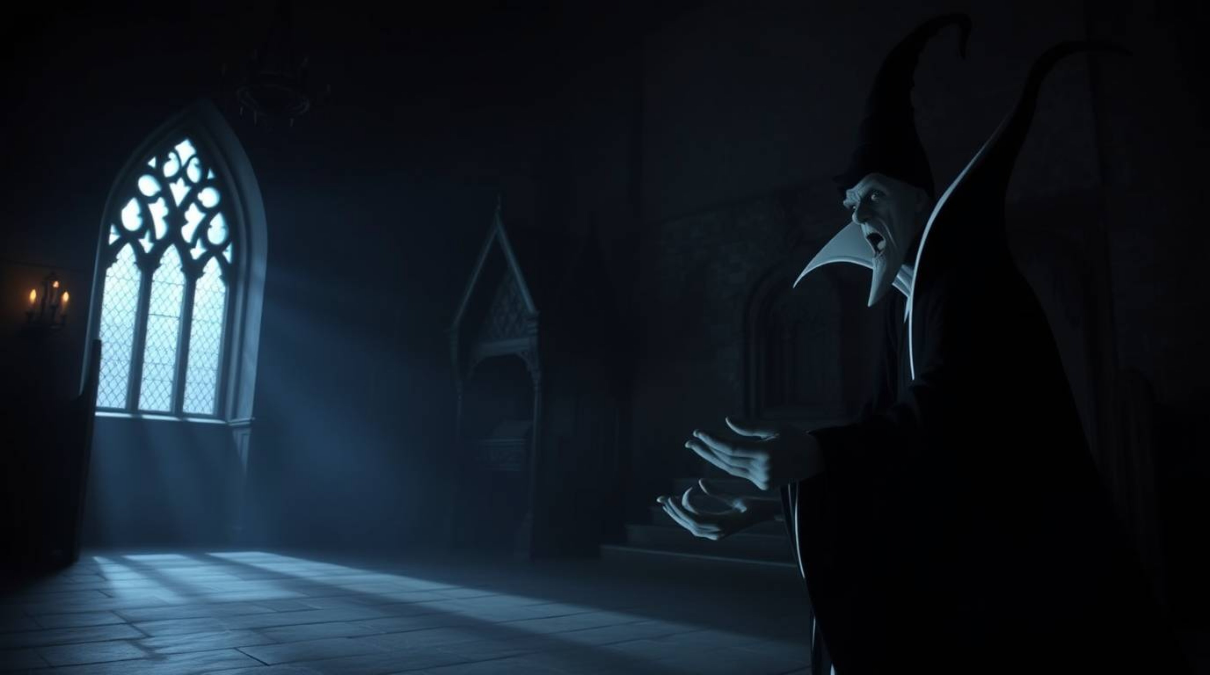 A captivating image depicting a classic Disney villain casting a spell within an ancient castle. The scene is subtly lit, cr