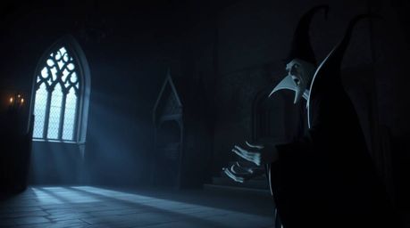 A captivating image depicting a classic Disney villain casting a spell within an ancient castle.  The scene is subtly lit, cr