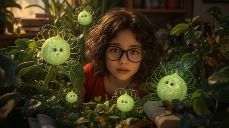 a highly detailed, vibrant, and whimsical cinematic photograph of a brilliant, bespectacled homeschooled girl, likely around 