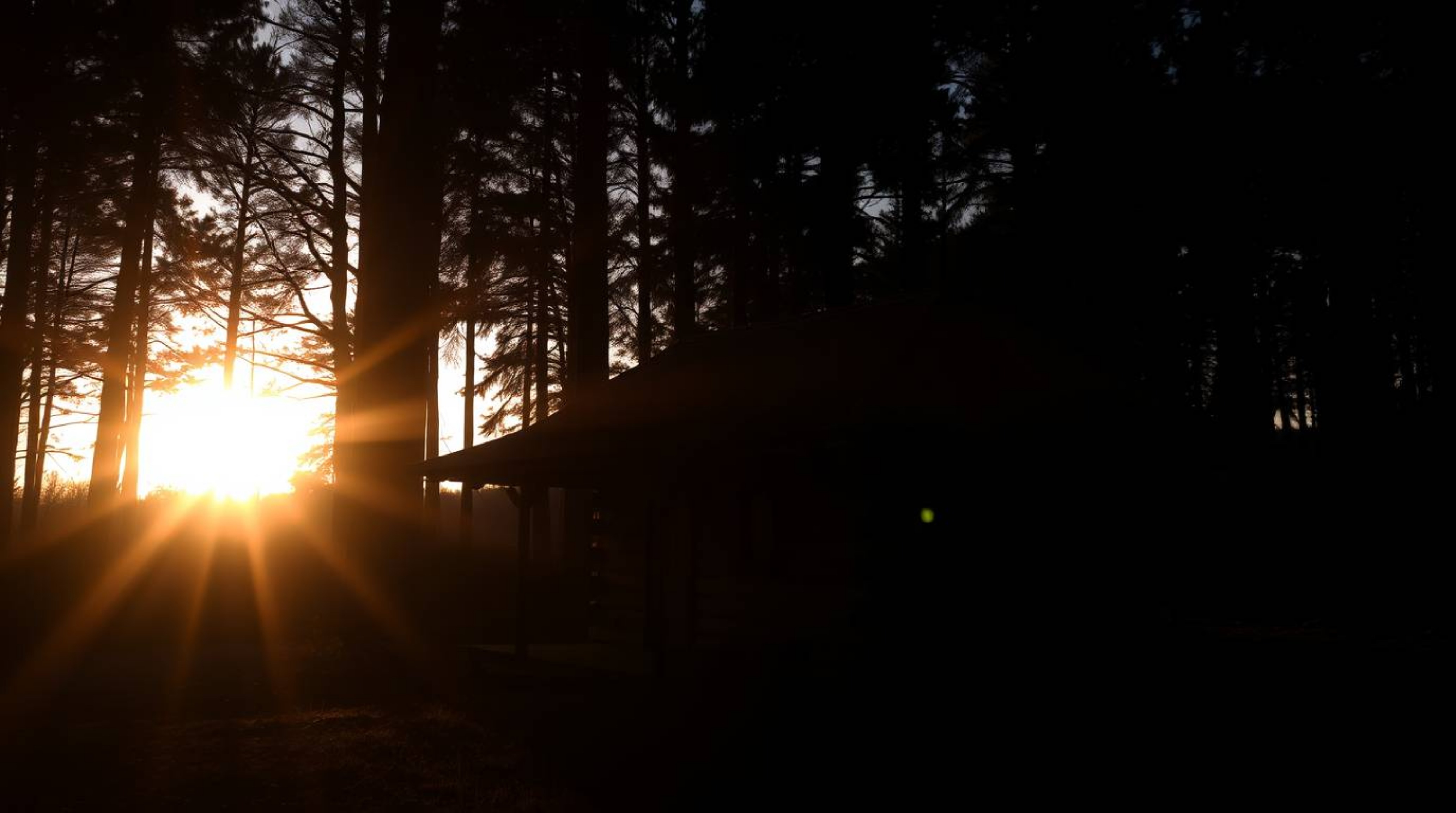This image captures the serene beauty of an old wooden cabin nestled in the woods at sunset, utilizing high contrast and low-