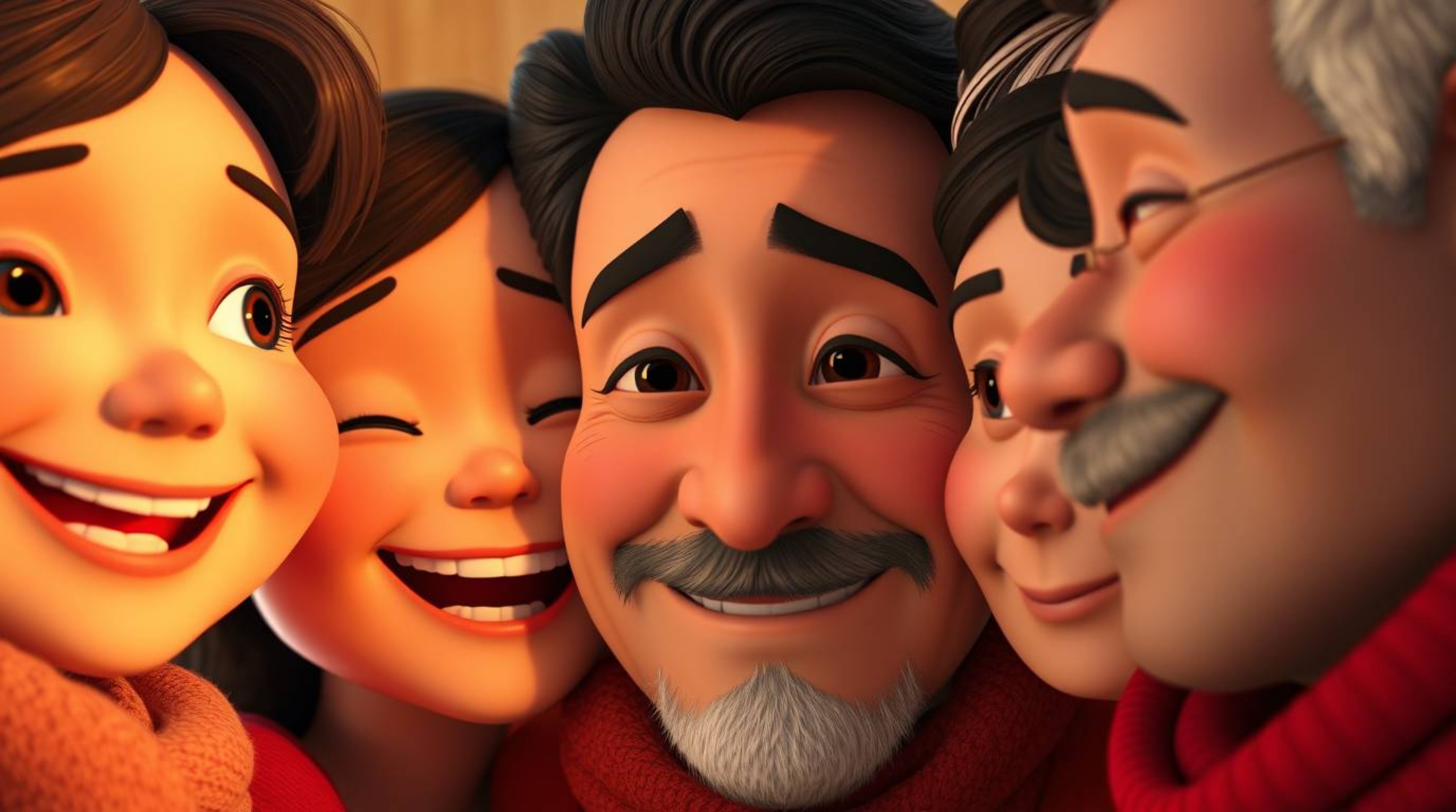 Experience the warmth and joy of a heartfelt family reunion in this Pixar-style close-up. Focusing on the detailed facial fea