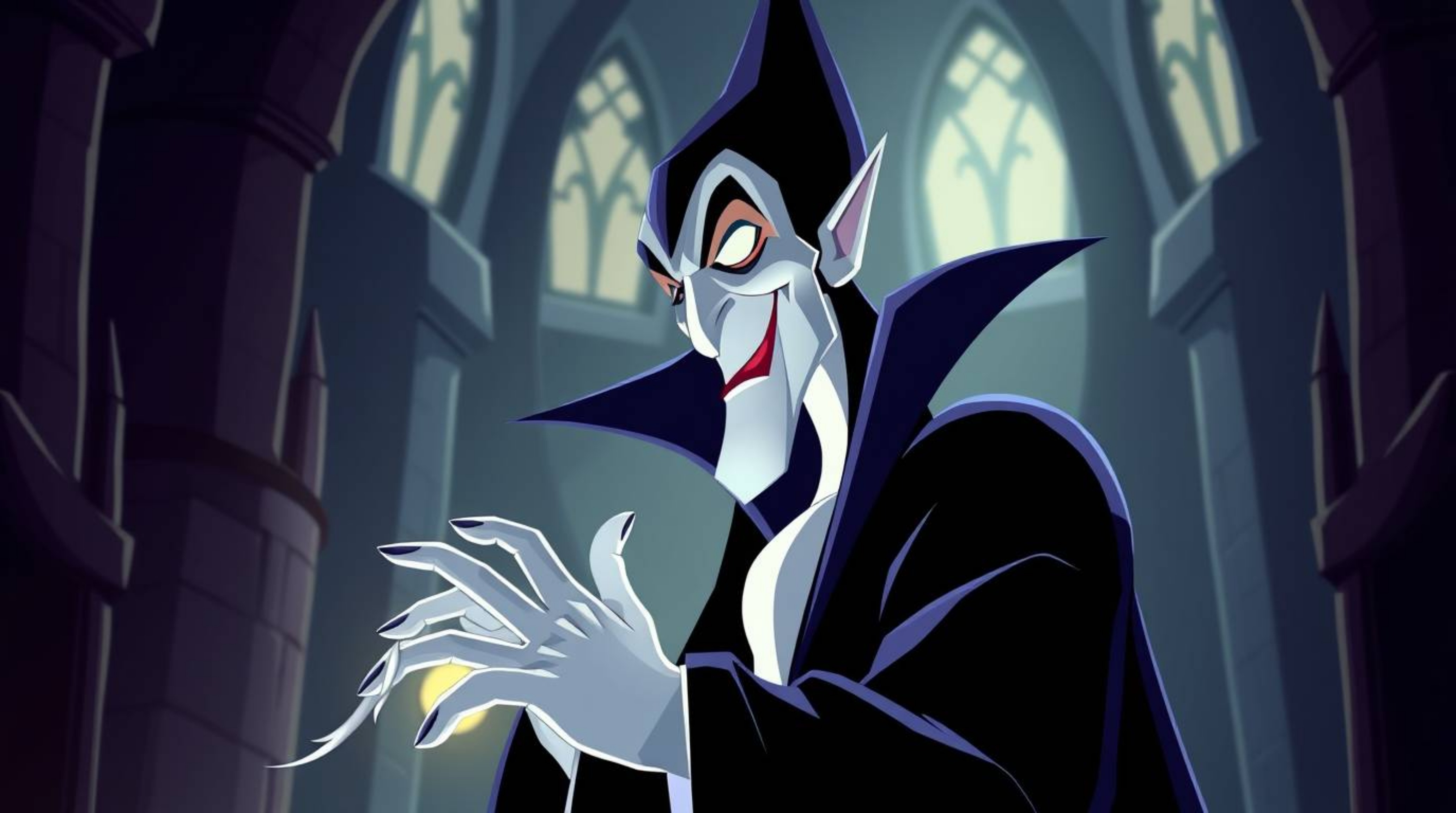 A captivating digital illustration of a classic Disney villain, reminiscent of iconic characters, casting a spell within a go