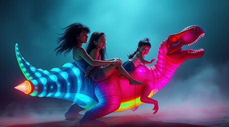 A prehistoric family with dark hair and tan skin enjoys a whimsical ride on a vibrant, bioluminescent dinosaur car.  Soft, ge