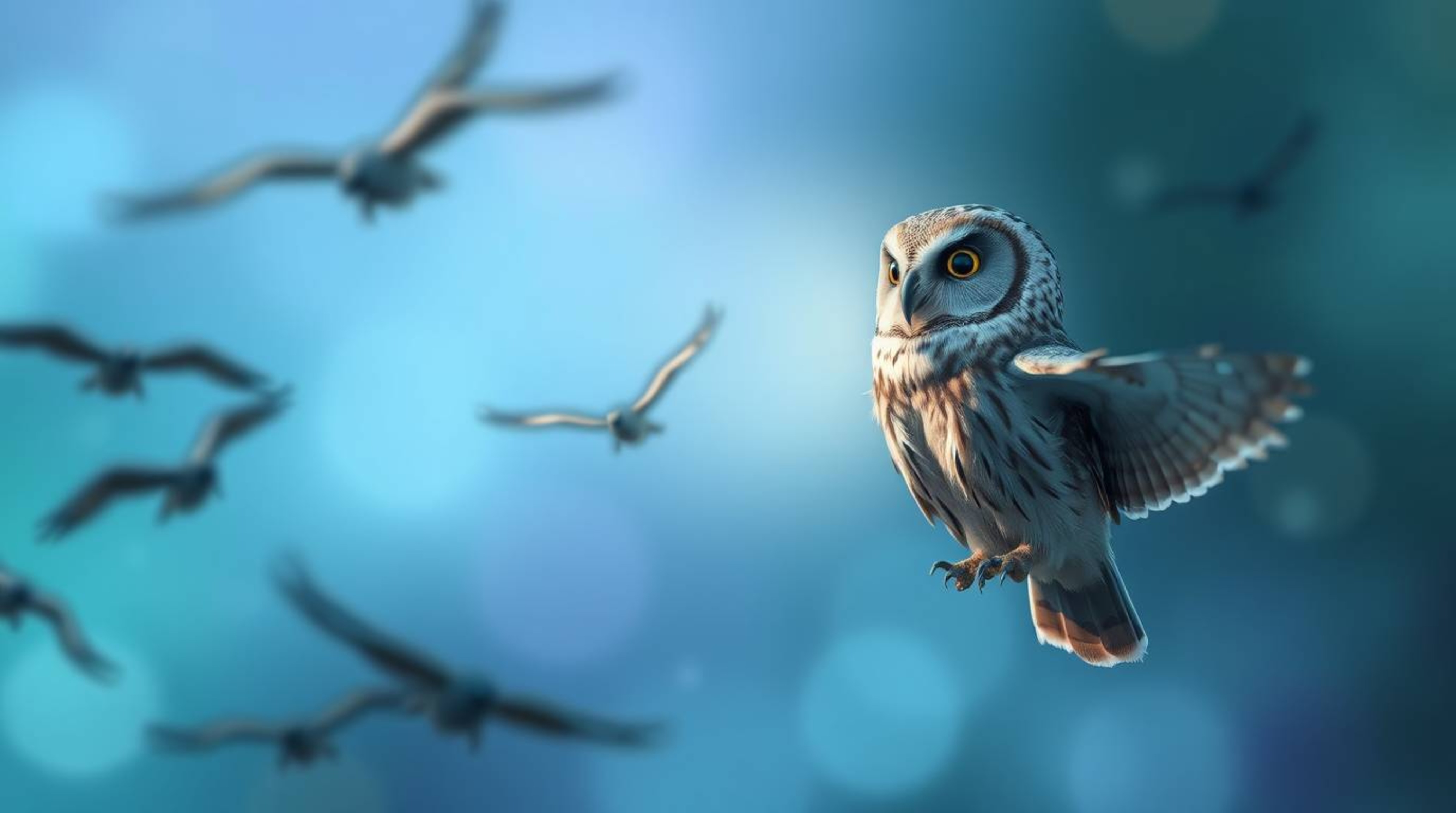 This long exposure image, which is both ethereal and spiritual, features a wise, blind owl depicted in a Pixar-like style as 