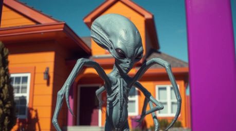 A captivating architectural photograph showcasing a vibrant scene of an alien with gray skin and multiple limbs inhabiting a 